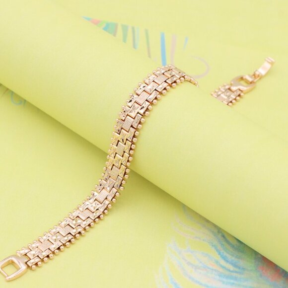 "Rose Gold Textured Link Bracelet with Gold Beaded Border, XPBL0878 - Picture 4 of 12